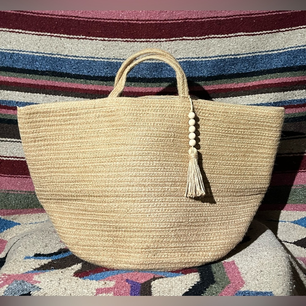 Very Large Natural Jute Straw Tote Linen Lined Beach Bucket Bag Tassel Beaded